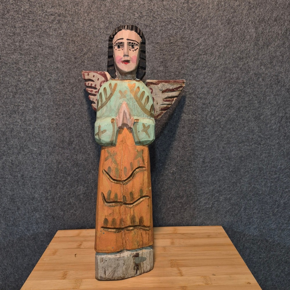 Hand Carved & Painted Wooden Folk Art Angel in the Latin American Santo Style